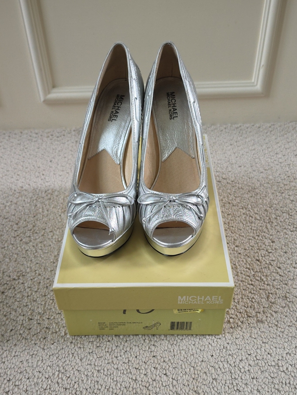 Michael Kors Metallic Silver Peep-Toe Heels with Bow Detail